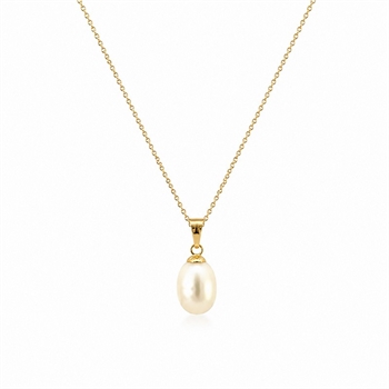 8kt Gold ovaler Perlenanhänger mit vergoldeter Kette