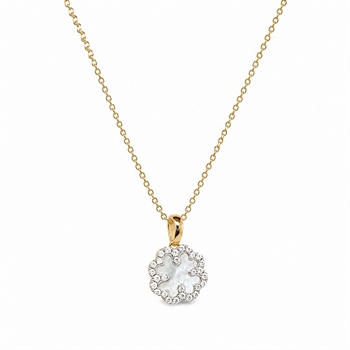 8kt Gold Kleeblatt-Anhänger mit zirkonia, Perlmutt und vergoldeter Kette