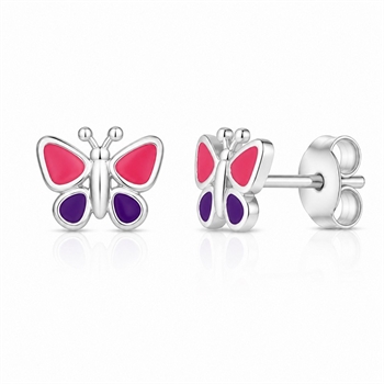 Schmetterling-Ohrringe aus Silber mit pinker und lila Emaille