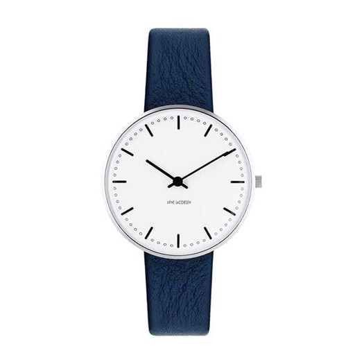 Arne Jacobsen Armbanduhr - City Hall - Weißes Zifferblatt und blaues Lederband