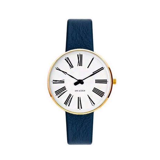 Arne Jacobsen Uhr - römisch - Ø34 mm - vergoldet & blaues Lederband