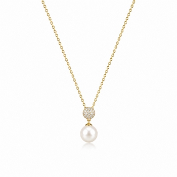 8kt Gold Perlenanhänger mit zirkonia und Perle inkl. Kette