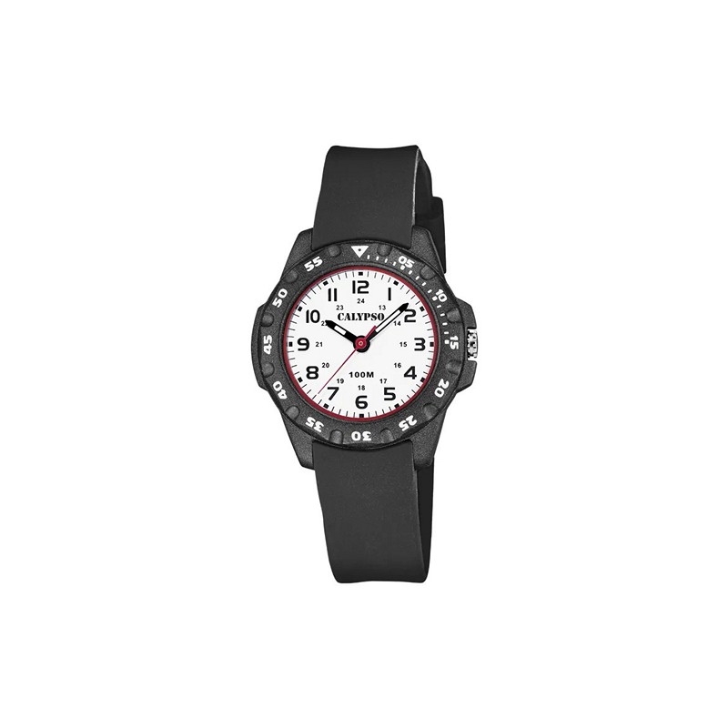 Calypso – Kinderuhr 30 mm mit weißem Zifferblatt und schwarzem Silikonarmband 