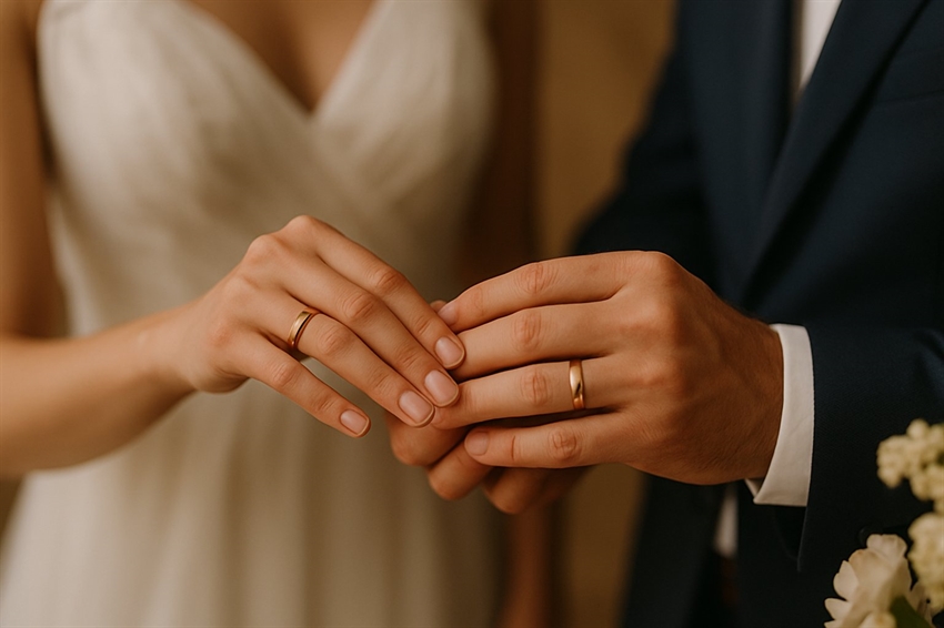 Bräutigam steckt der Braut den Trauring während der Hochzeitszeremonie an, Symbol für Liebe und lebenslanges Versprechen