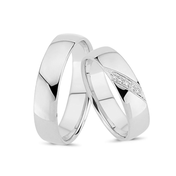 Trauringe von NURAN in 14 kt Weißgold mit 5 Brillanten und gewölbtem Profil